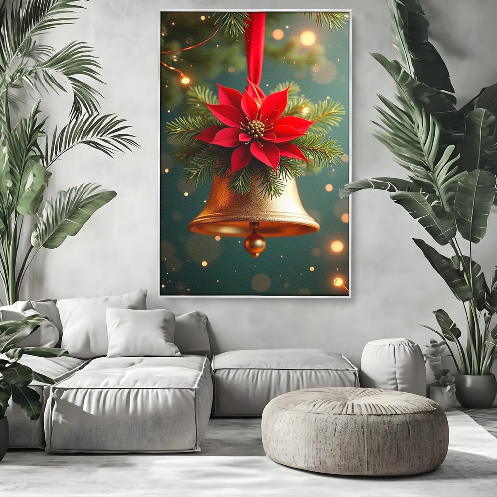 Tablou canvas cu tablou canvas cu clopotel si poinsettia, in rama de aluminiu argintiu, pe perete intr-un living